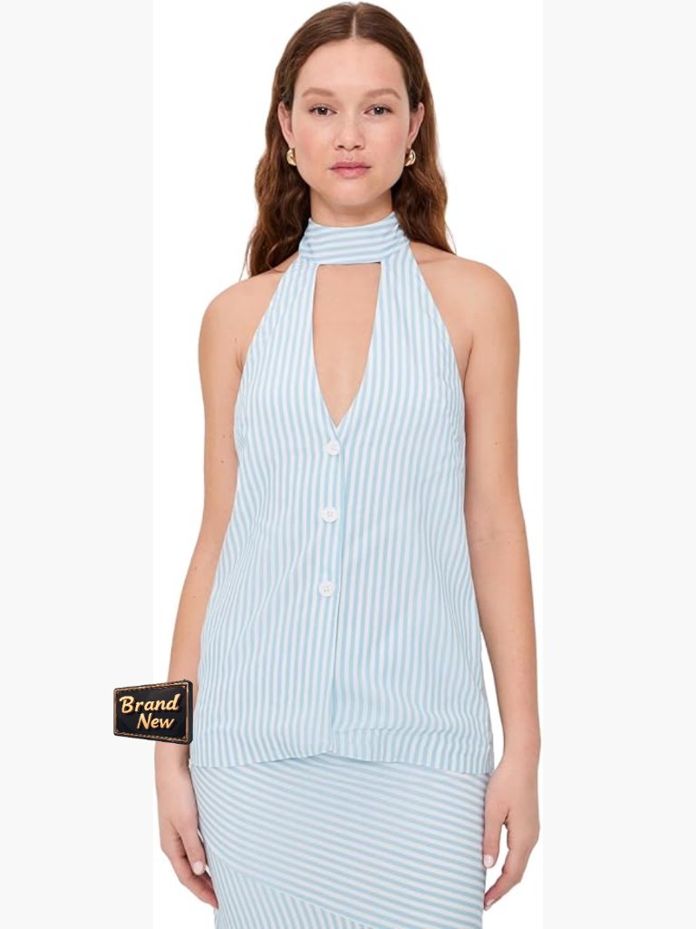 Halter Tank Top With Stripe Print And Cutout Front